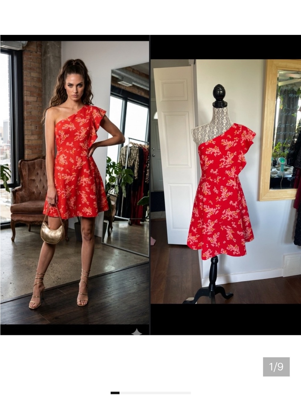 NWT Stunning Floral One-Shoulder Side Ruffle Red Floral Party Dress. Large